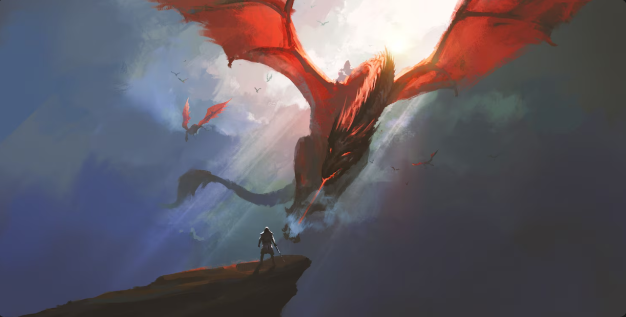 Dragón rojo rodeado de nubes grises volando sobre una persona en una roca